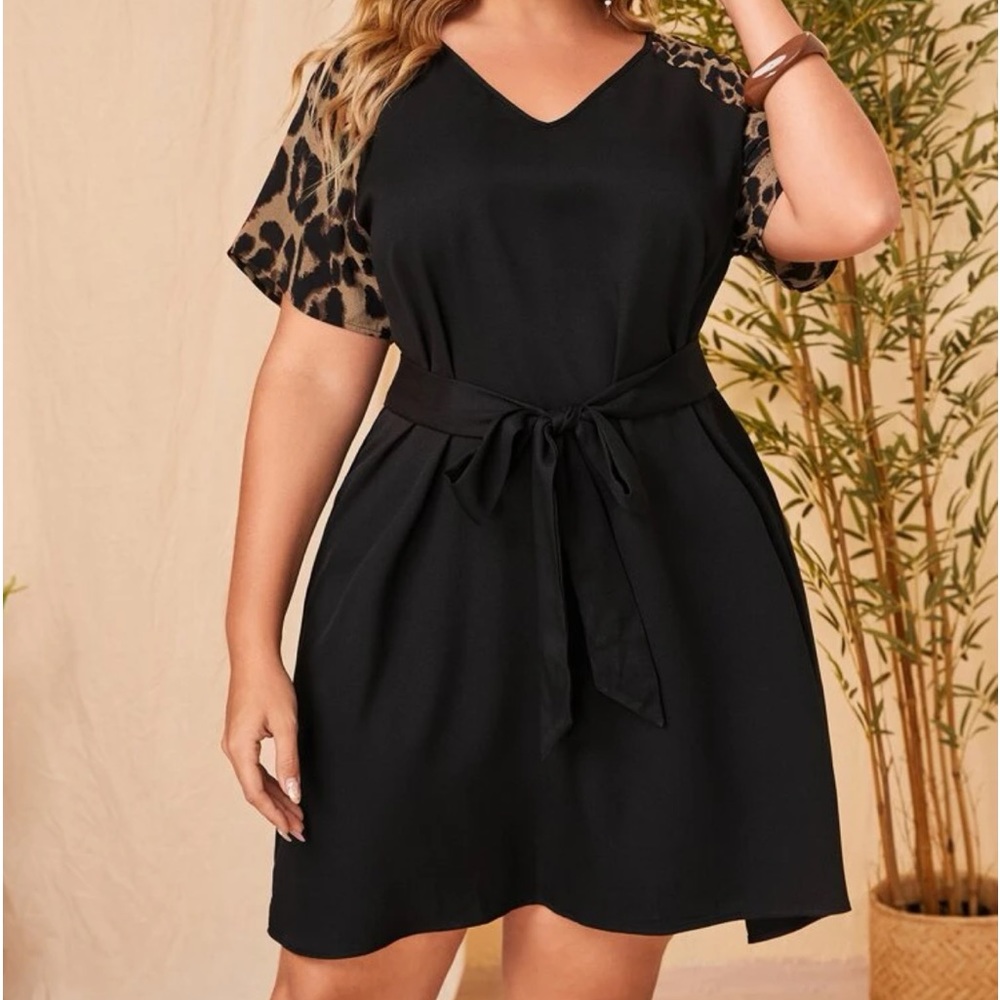 Leopard sleeve dress with tie belt.